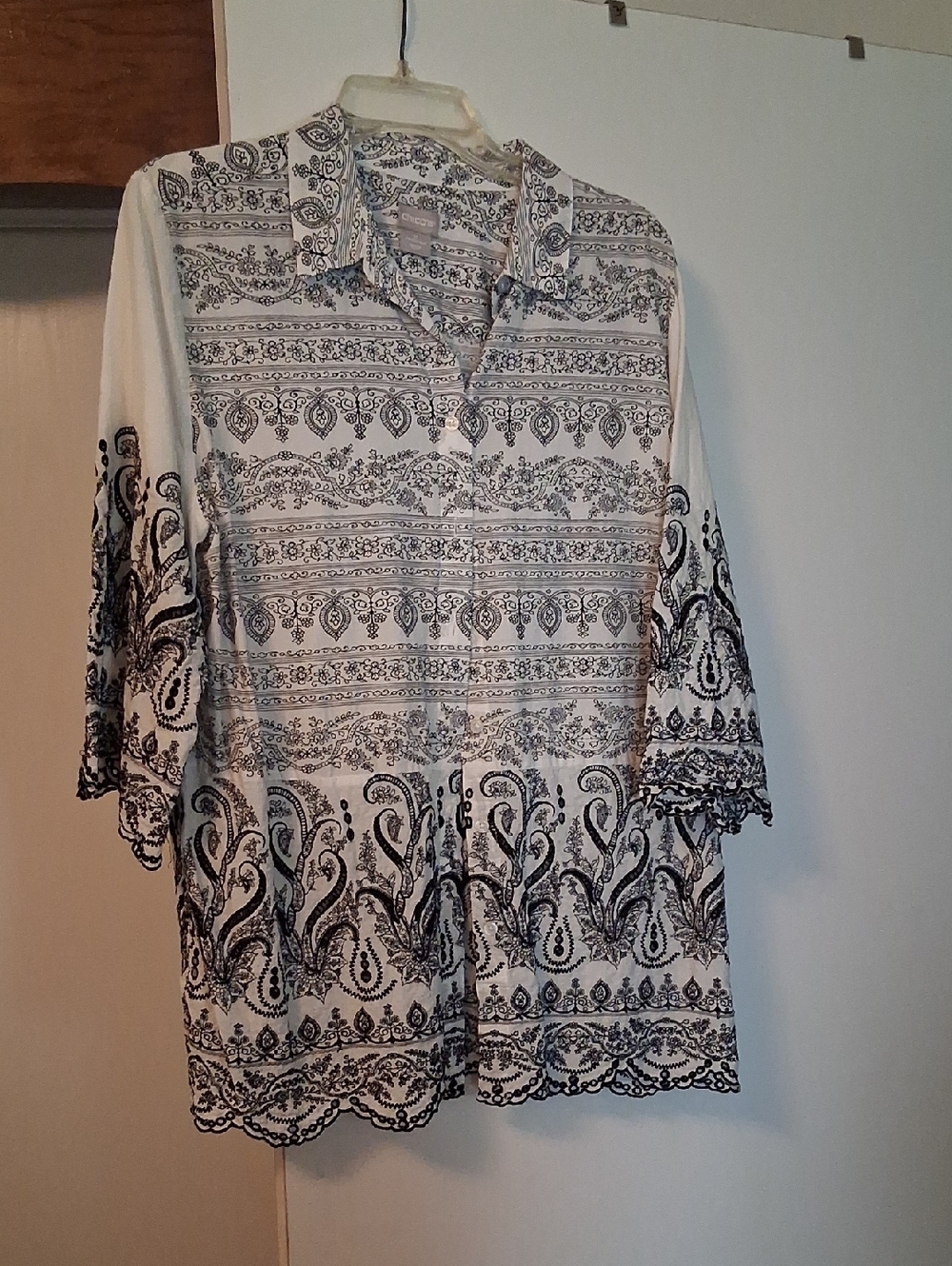 Chico's White Button-Down Tunic with Black Paisley Border